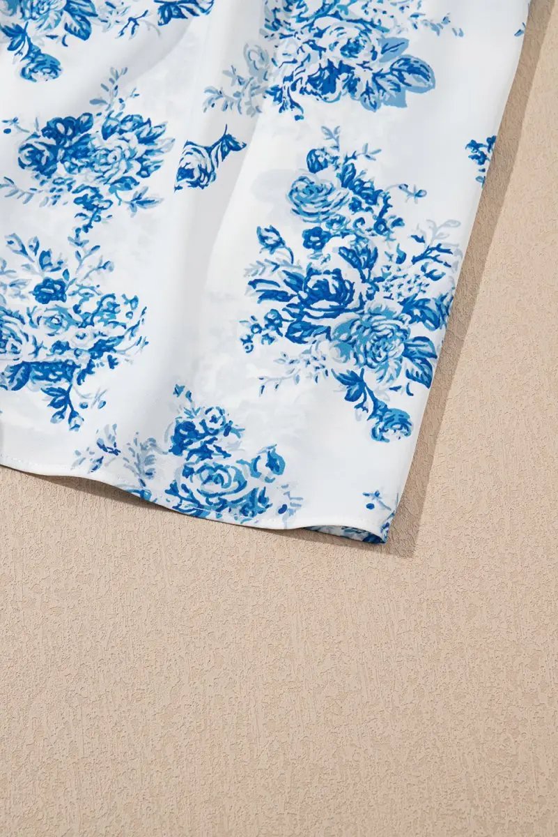 Sky Blue Floral Print Shirred Knot Shoulder Dress - Love Salve